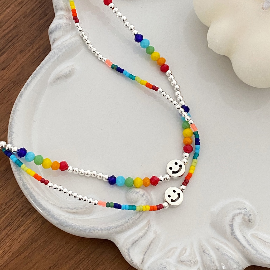 Kalung Rantai Klavikula Desain Smiley Warna Pelangi Untuk Aksesoris