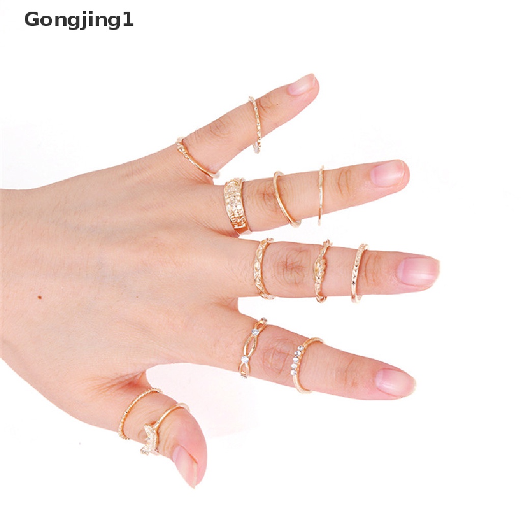 Gongjing1 12pcs / Set Cincin Buku Jari Aneka Bentuk Lapis Emas Gaya Vintage Punk Untuk Wanita