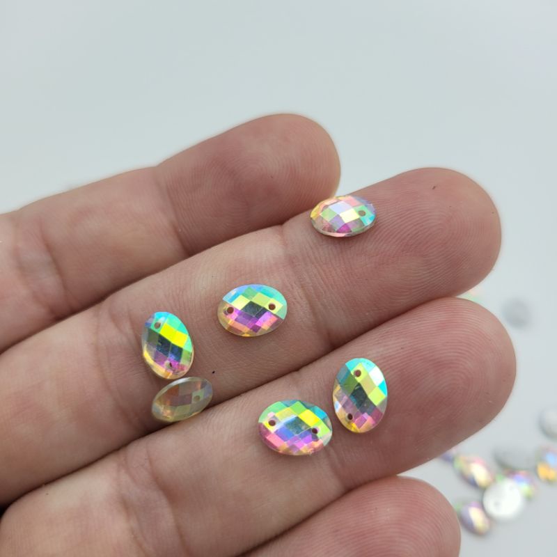 DIAMON RESIN KRISTAL MOTIF OVAL RATA UKURAN 8X10 WARNA PUTIH PELANGI AB KUALITAS AA BAGUS KILAU PER LUSIN