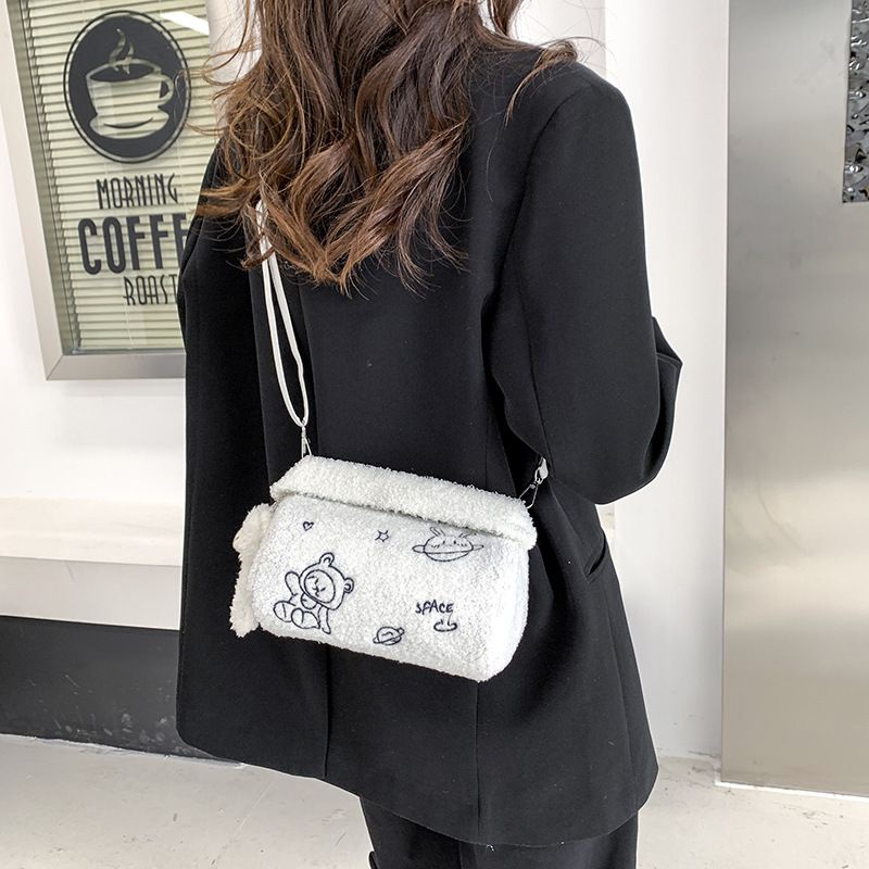 [littlecrab] Tas Tabung Lucu Motif Planet Alien Satelit Bintang Space Cute Sling Bag Lucu Unik Bentuk Tabung Tas Bulu Plus Gantungan Bear Lucu Tas Selempang Berkualitas Tas Jinjing High Quality Korean Style