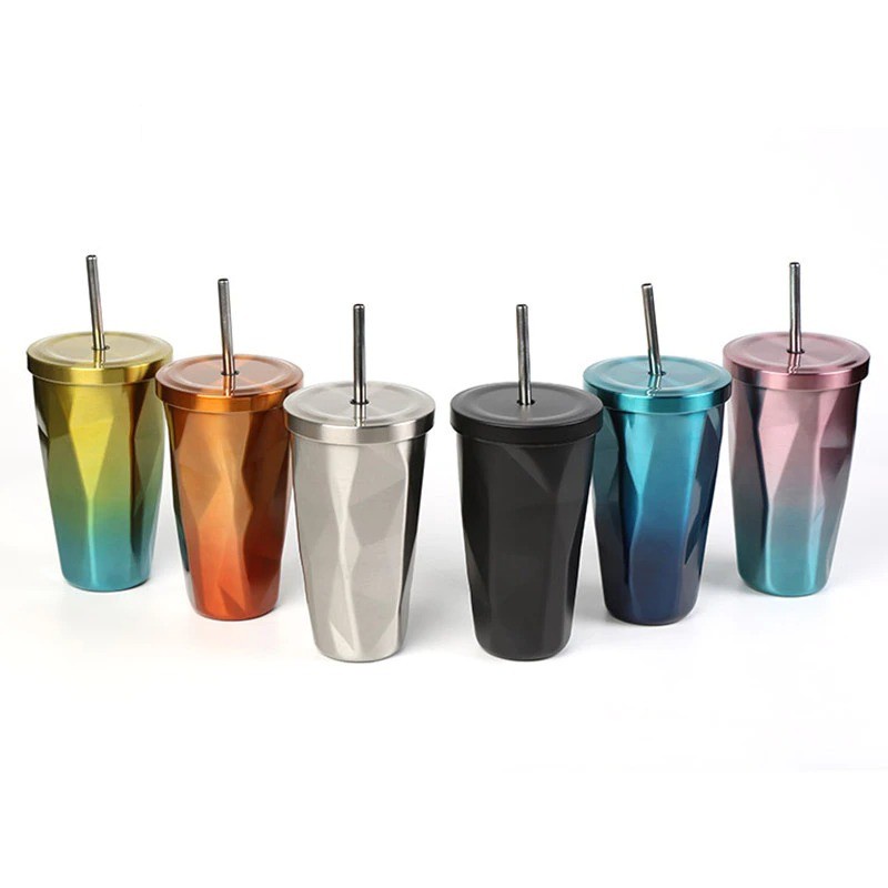 Gelas Tumbler Kopi Teh Stainless Dengan Tutup Sedotan 500ml - AD57