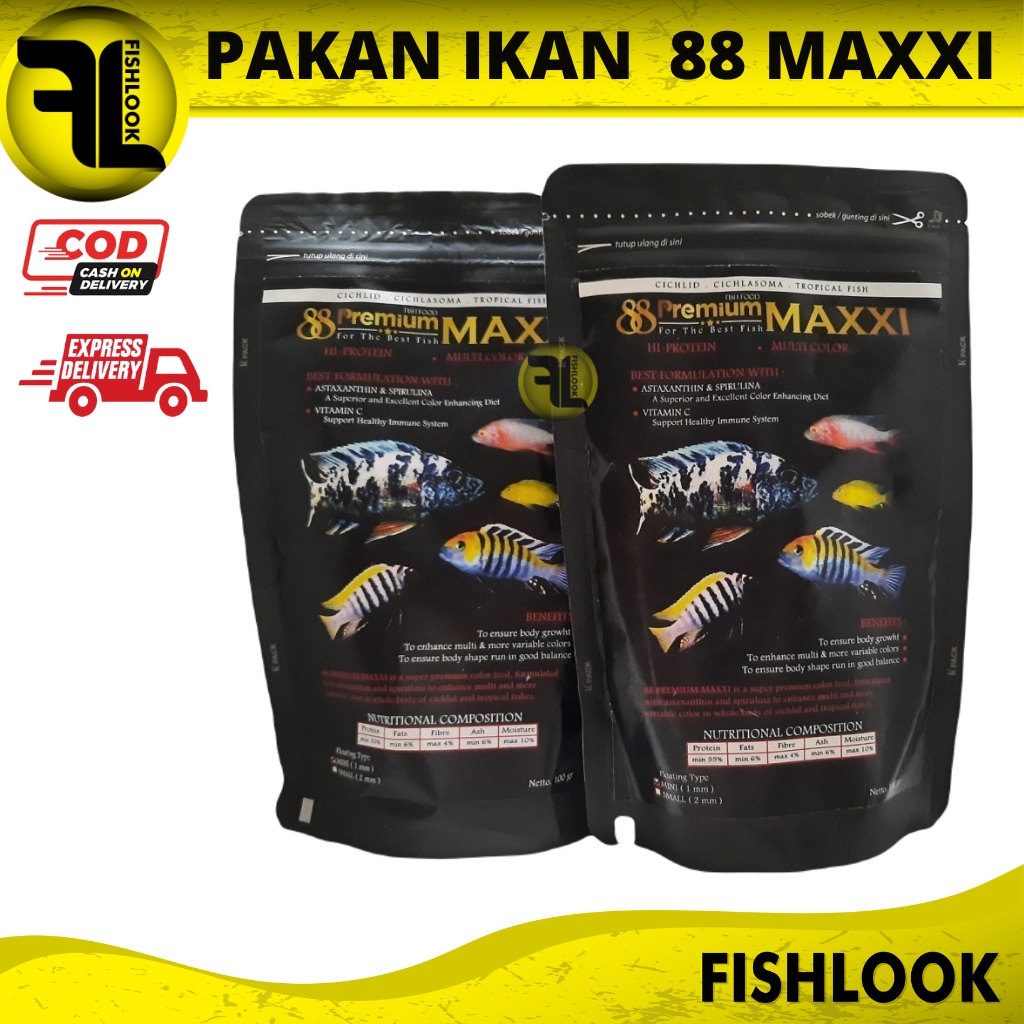 Pelet ikan Premium 88 cichlid Yellow Blue Red &amp; Maxxi cichlid 100 gr