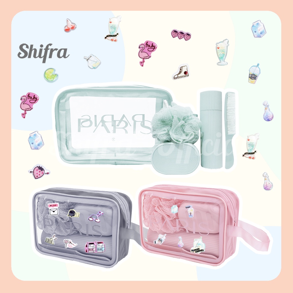 Shifra Pouch Tempat Kosmetik Travel Paris Pink Gray Mint Polos atau Dengan Isi (Free Random Stickers)