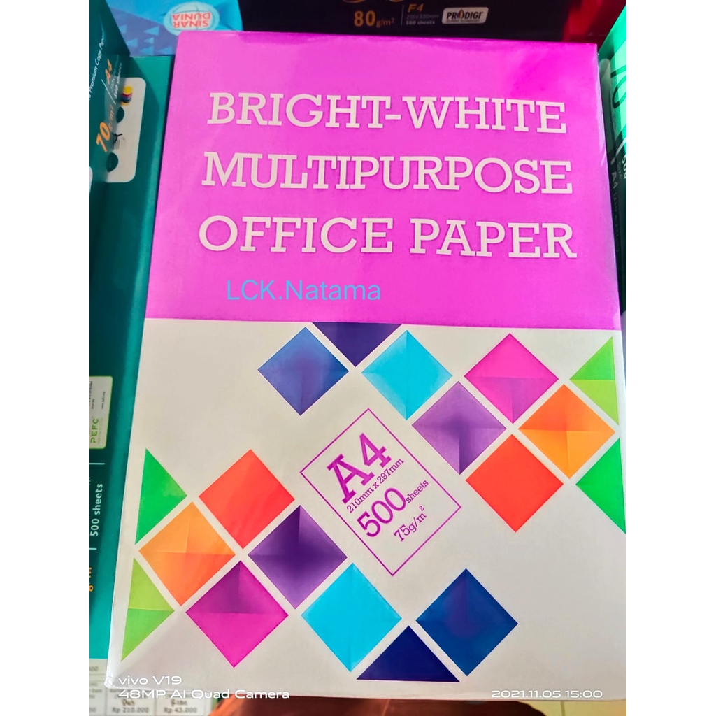 

Bright-White Multipurpose Office Paper Kertas HVS A4 75 gsm 1 rim - kertas hvs A4 1 RIM