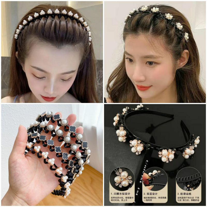 [TERLARIS] Bando Korea Wanita Mutiara Wavy SIRKAM Bandana Sisir Kepang Elegan Impor Aksesoris Rambut Wanira Headband