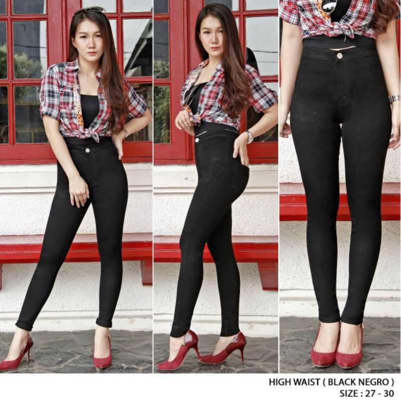 celana High waist jeans warna hitam