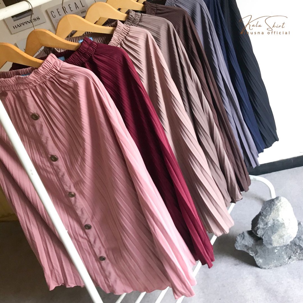 [𝐄𝐥𝐡𝐮𝐬𝐧𝐚] Kala Skirt Rok Wanita Plisket Terbaru Premium Polos Lebar Payung A Line