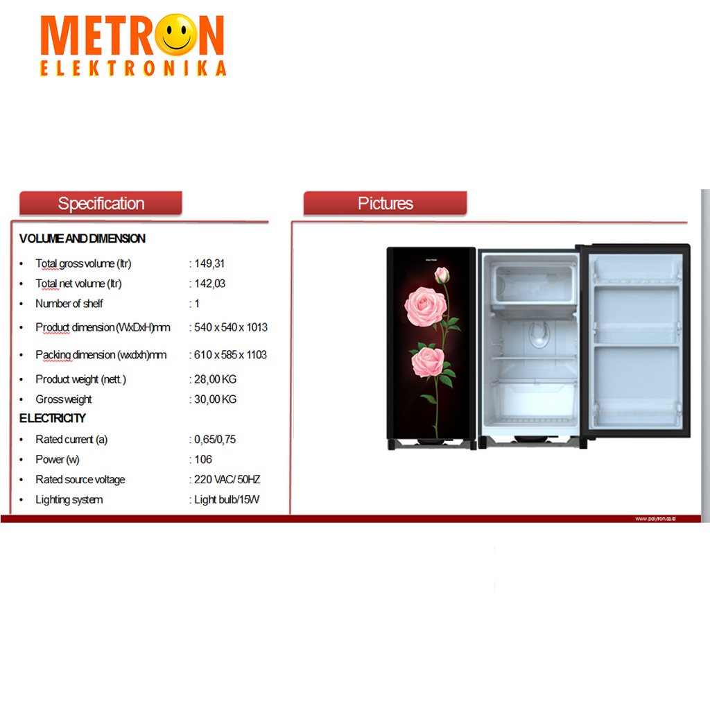 POLYTRON PRA 15 ORX - BLACK PINK ROSE KULKAS 1 PINTU 150 LITER TEMPERED GLASS DOOR / PRA15ORX