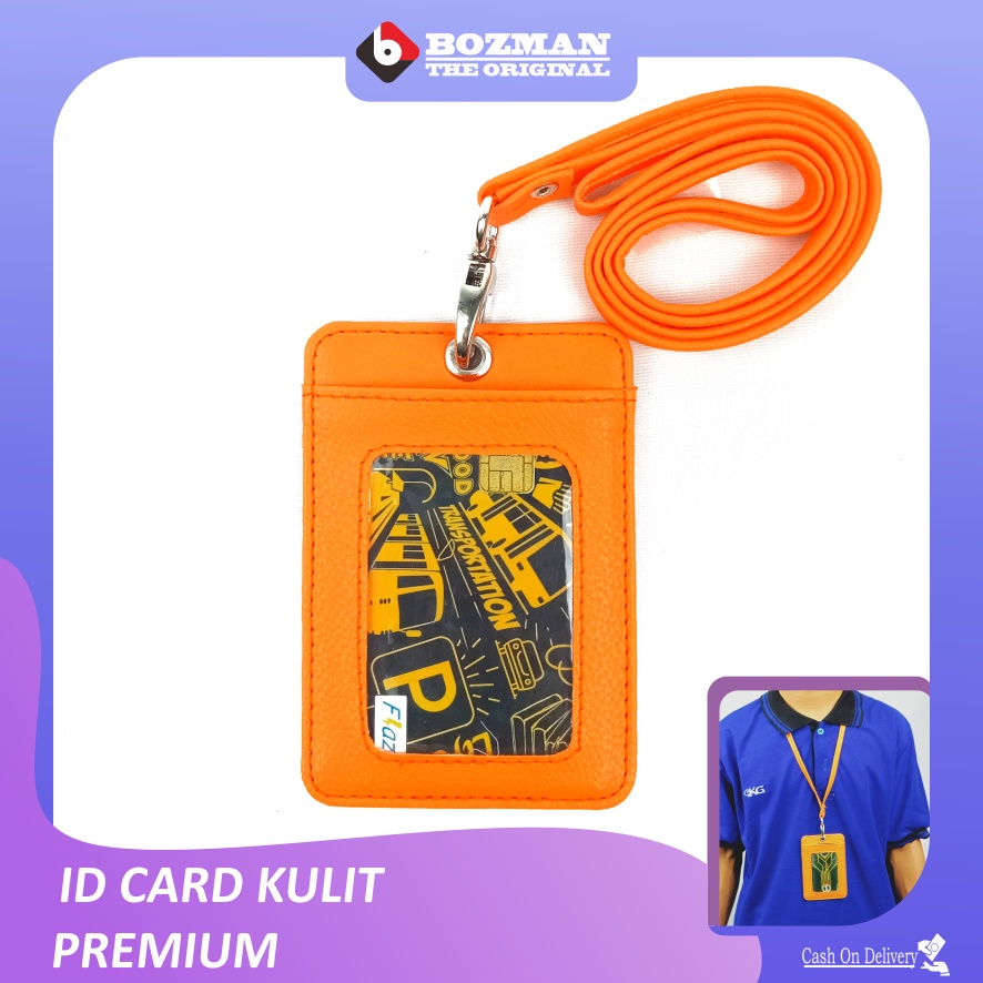 ID Card Holder NameTag Kulit PU Leather Lanyard Kualitas Premium