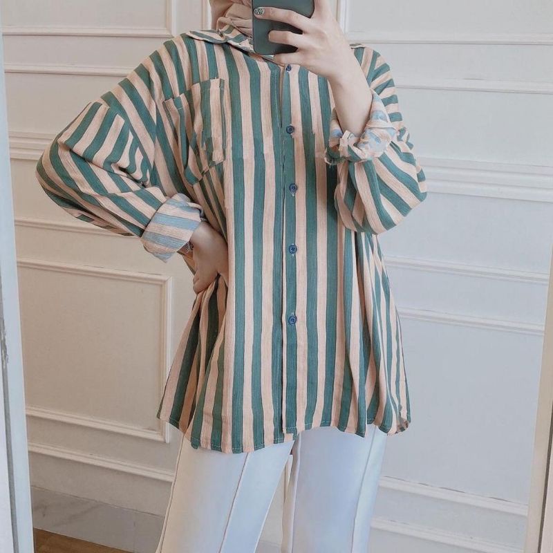 1KG MUAT 5PCS |  STRIPE KEMEJA SALUR OVERSIZE HITS OOTD SELEBGRAM FASHION GROSIR WANITA TERMURAH