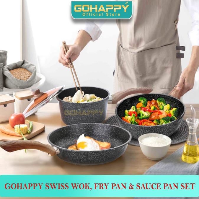 Cuci Gudang Awal Tahun SWISS 5 IN 1 GRANITE SET Panci Wok Sauce fry pan Gohappy like carote Cuci Gud