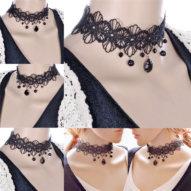 Kalung Choker Bahan Lace Motif Bunga Warna Hitam Gaya Gothic Retro