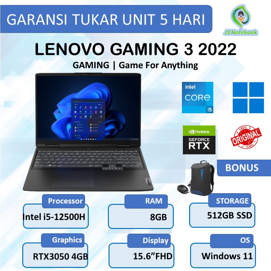 LENOVO IDEAPAD GAMING 2022 RTX3050 4GB i5-12500H 8GB 512SSD WIN11+OHS 15.6" FHD 165Hz