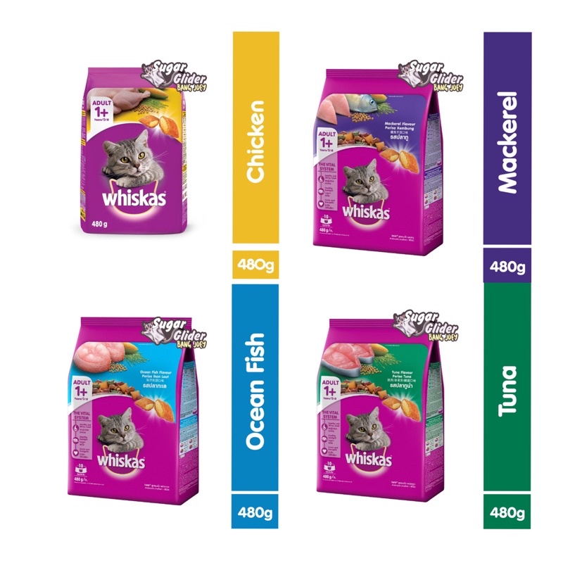 WHISKAS ADULT 1+ MAKANAN KUCING  ADULT INDUKAN TUNA OCEAN FISH CHICKEN MACKEREL 480 480g 480grm