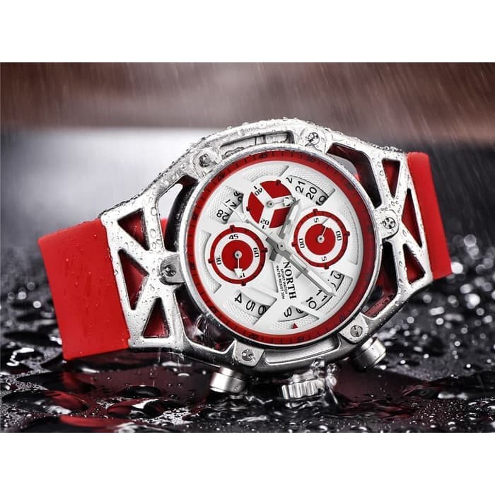 Jam Tangan Pria Original NORTH 7710 Chronograph Anti Air Red Silver