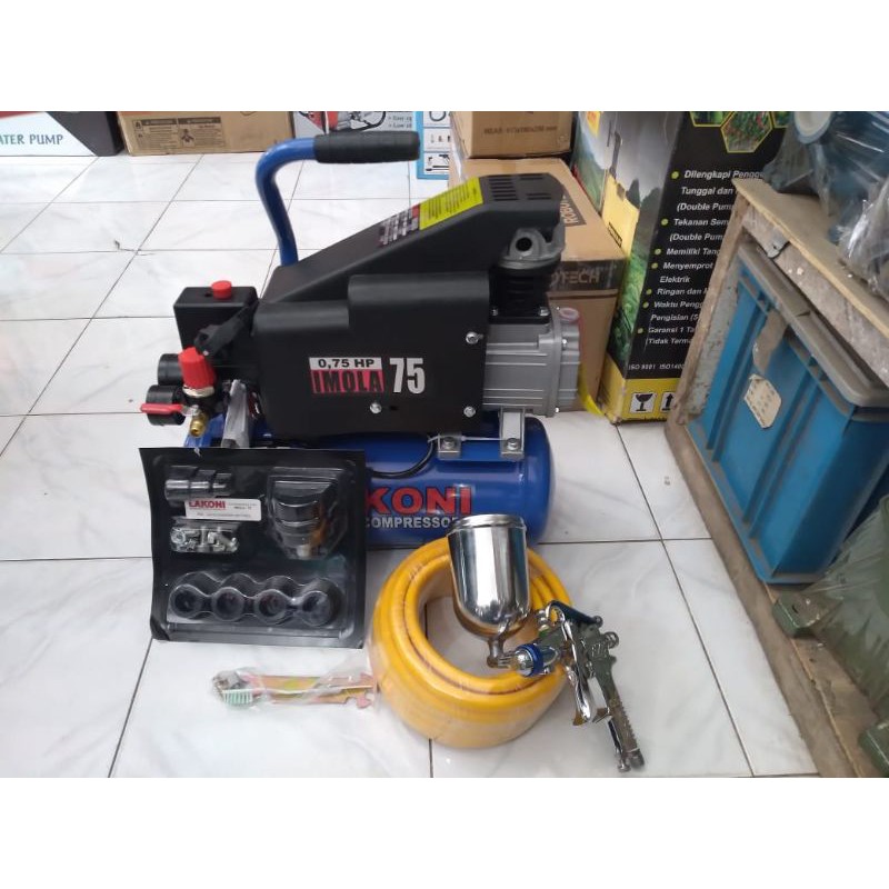 paket kompresor listrik Lakoni imola 75+spraygun f75+slang paket10mtr