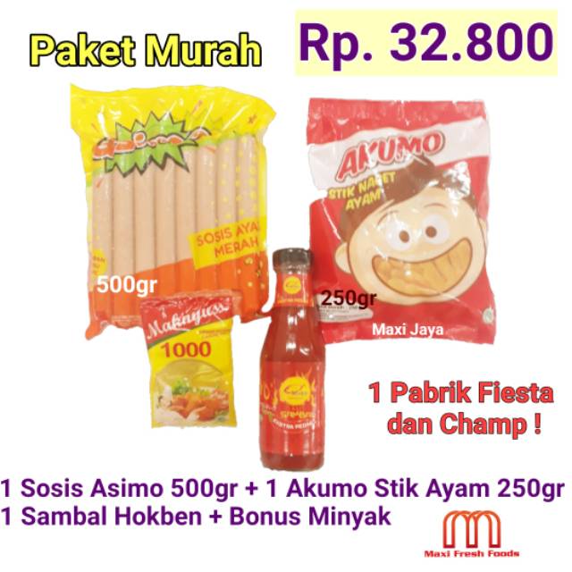 (PAHE) Paket 1 Sosis Asimo 500gr + 1 Stik Ayam Akumo 250gr + Sambal Hokben + bonus minyak