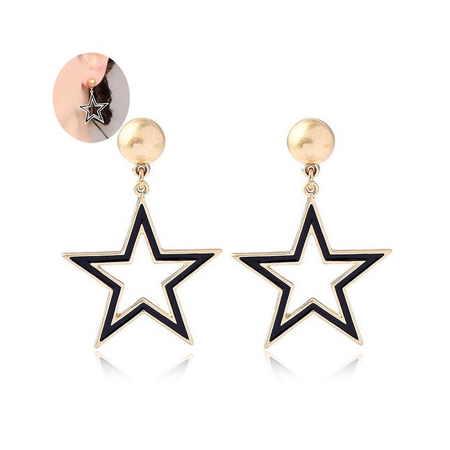 LRC Anting Tusuk Fashion Gold + Black Metal Five-pointed Star Stud Earring A5722X