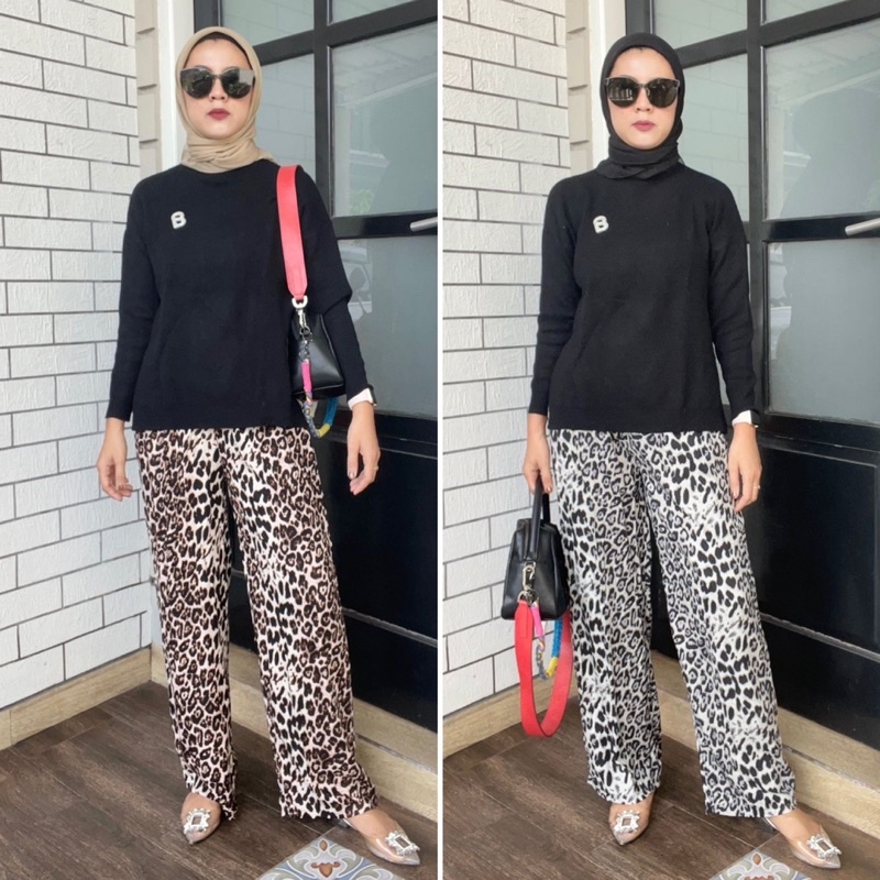 Celana Panjang Wanita Kulot Rayon Viscose Premium Import Motif Leopard Pant