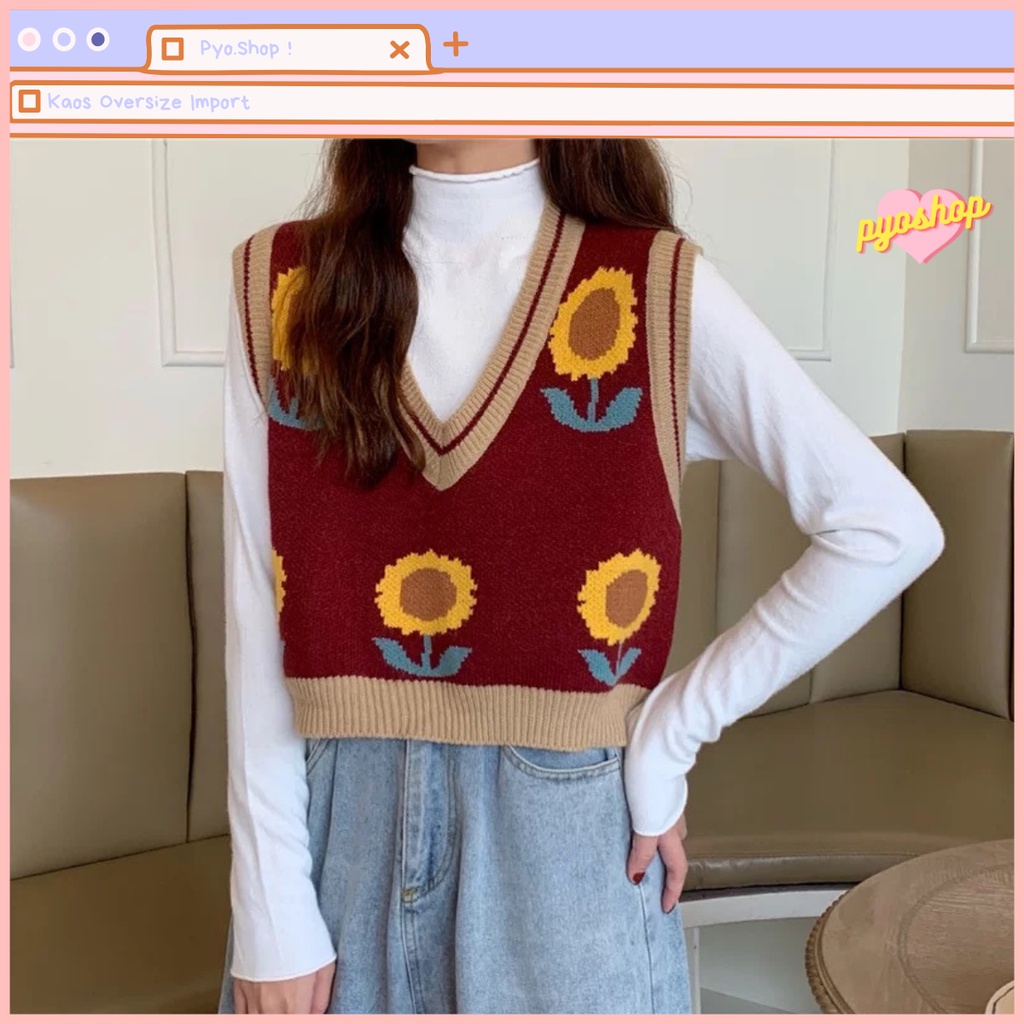 SUNNY KNIT VEST Rajut Bunga Matahari Lembut Wanita Outer