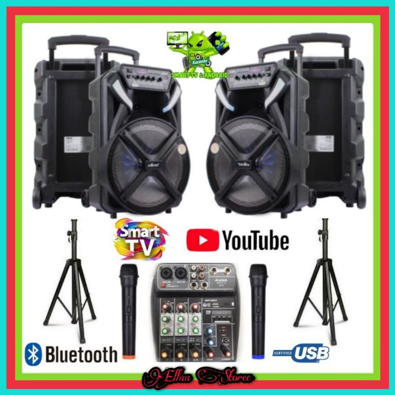 Paket Dobel Speaker Aktif Dat 12 Inch 2 Mic Wireless Mixer Bluetooth Karaoke Smart Tv