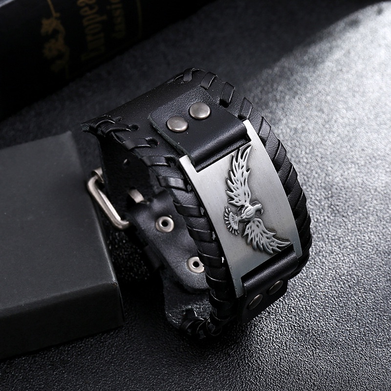[Z H Perhiasan] Hip Hop Rock Retro Pria Fashion Stainless Steel Viking Eagle Rune Gelang Kulit Pesta Perhiasan Aksesoris