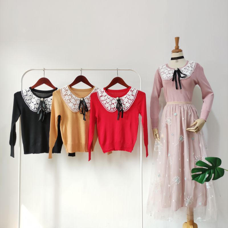 Atasan blouse rajut kerah brukat + bros import bkk bangkok hk chn china