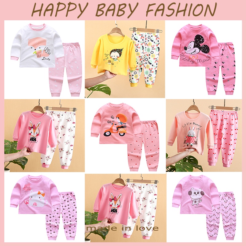 【Happy Baby】0-6Tahun Piyama Setelan Anak Motif Cartoon Unik Bahan Kaos Lengan+ Celana Panjang Berkualitas UNISEX QT003