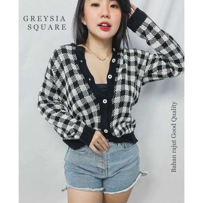 MDLV ~ Greysia Square Rajut Cardigan Wanita Cardigan Motif Kotak Fashion Wanita