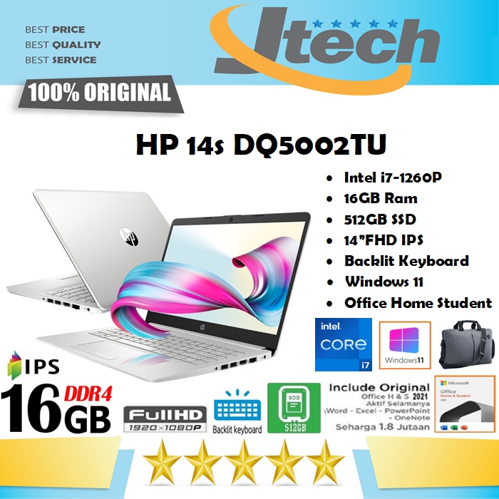 HP 14s DQ5002TU - i7-1260P - 16GB - 512GB SSD - IRIS XE - 14&quot;FHD IPS - WIN11 - OFFICE HOME STUDENT