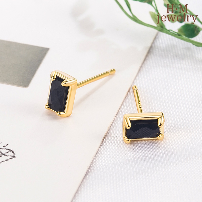 Anting Tusuk Bentuk Kotak Geometri Mini Warna Hitam Gaya Retro Untuk Wanita