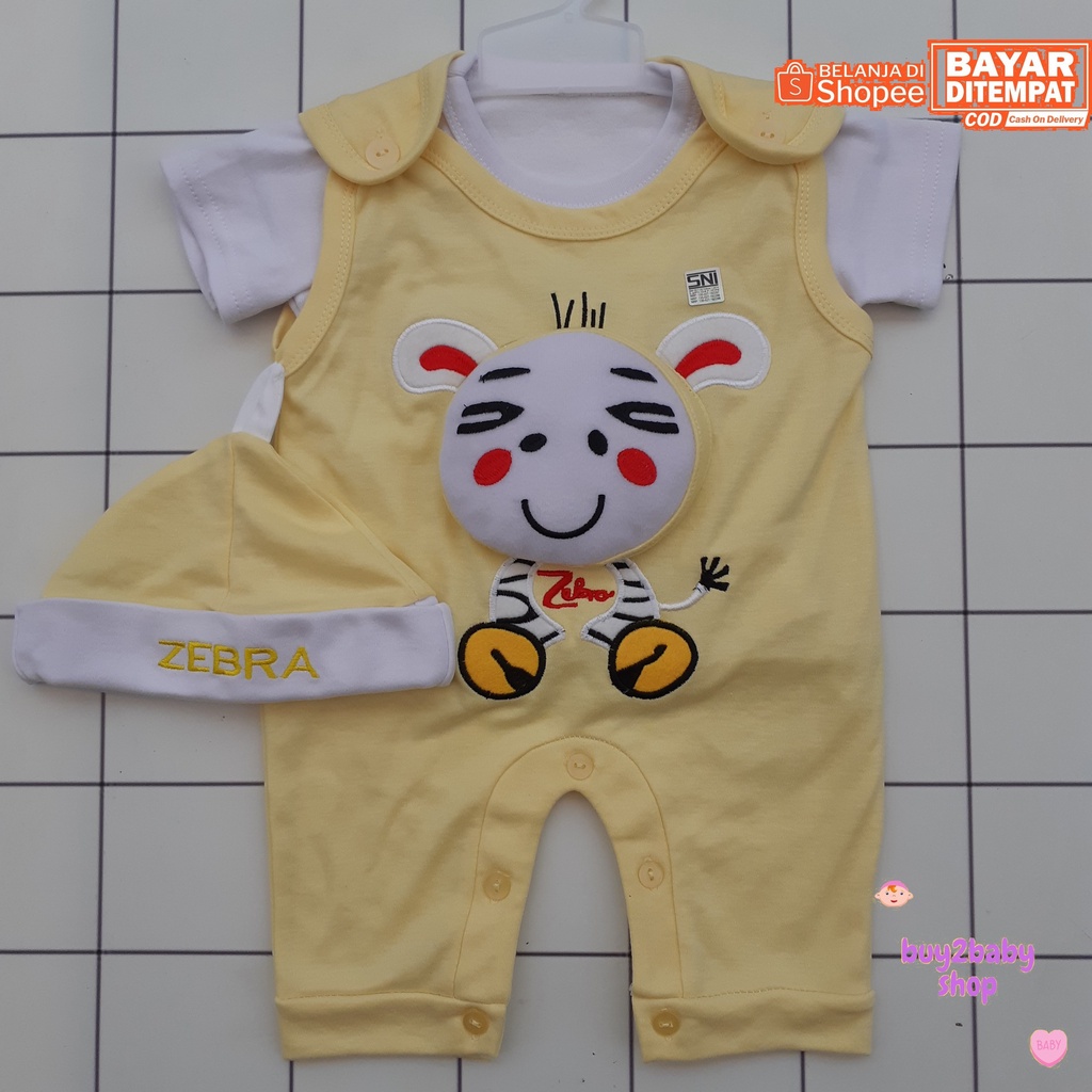 Baju kodok bayi model overall pendek wearpack plus topi Zebra Series 6-12 Bulan