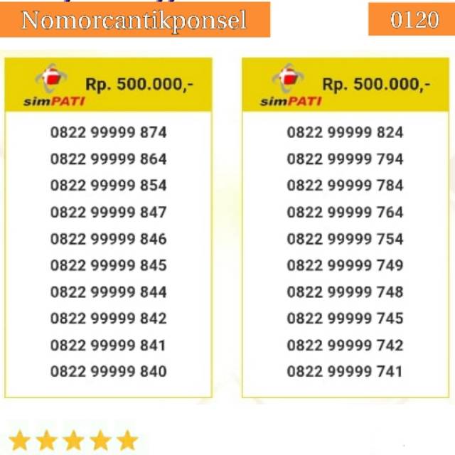 Nomor cantik simpati 0822 seri panca 99999 rapi #0120