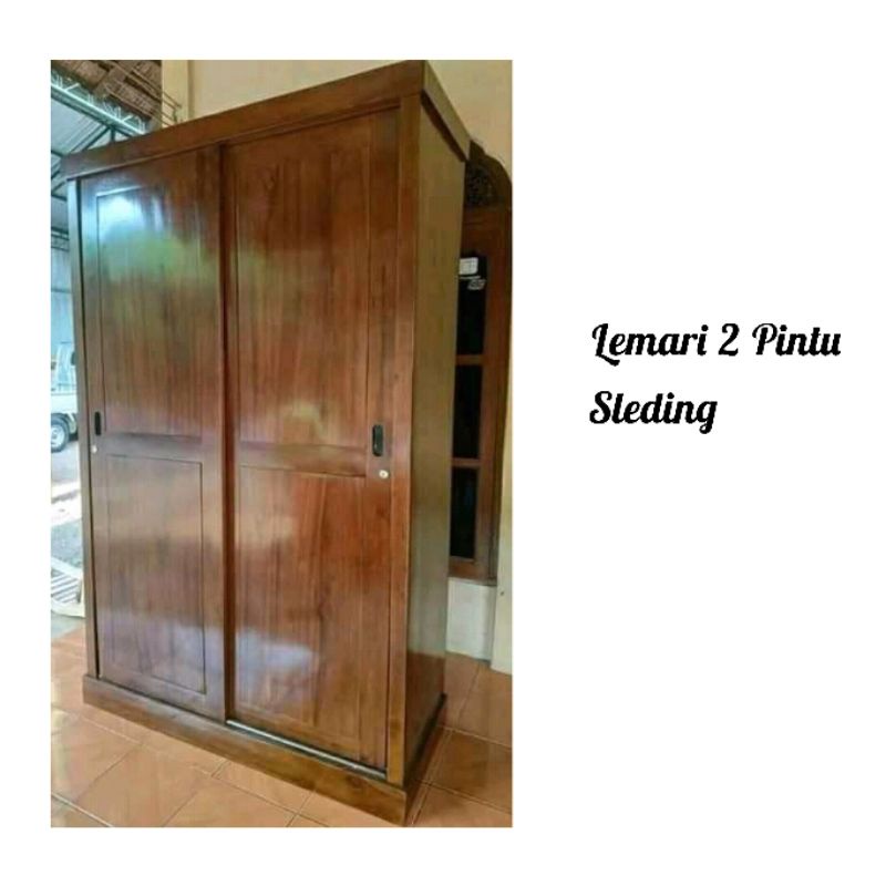 Lemari Pakaian Kayu Jati 2 Pintu dan Kaca Minimalis