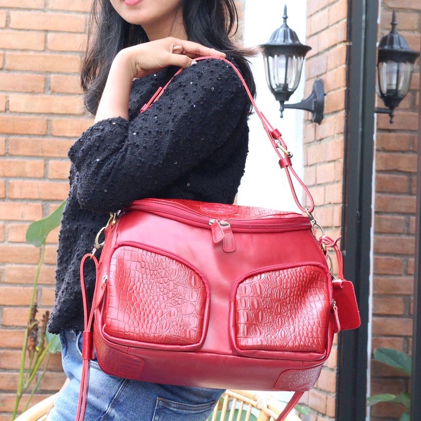 NEW !!! TAS WANITA KULIT SAPI ASLI MODEL AMANDA  KULIT SAPI PULL UP MIX CROCO MAROON