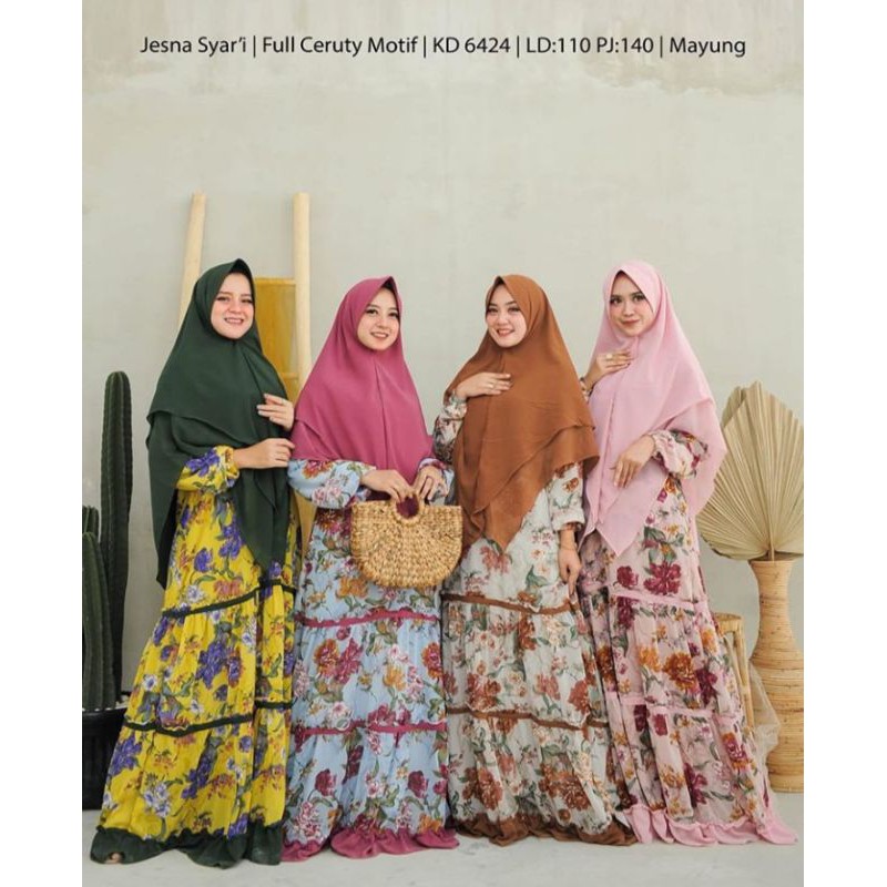 SET KHIMAR DAN MAXI CERUTY SYARI/PAKAIAN WANITA MUSLIMAH/BAJU GAMIS MOTIF BUNGA REMPEL DAN JILBAB