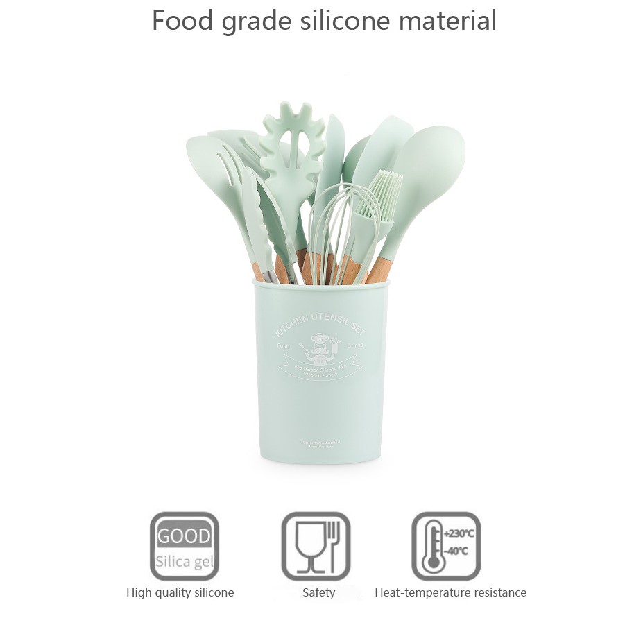 Premium Silicone Utensil Set isi 12 (include Bucket) / Kitchen Silicon spatula - sutil - alat masak