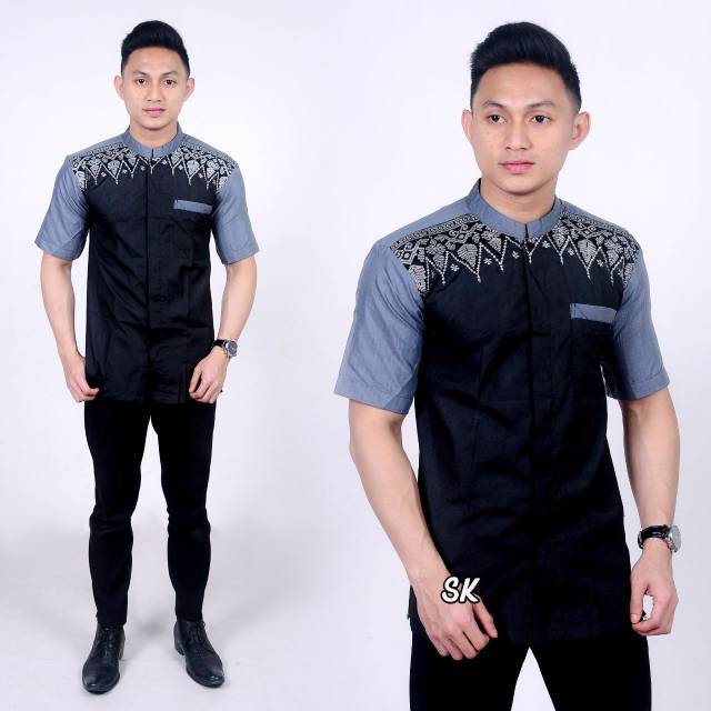 Koko batik bordir lengan pendek kombinasi biru laut