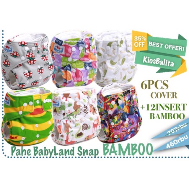 TERMURAH!!! CLODI BABYLAND SNAP BAMBOO (6 cvr pockt bamboo+12 insert bamboo) PROMO MURAH