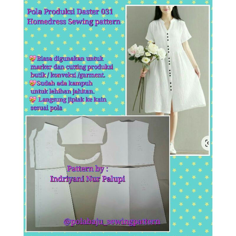 POLA DASTER 031 | Pola Baju Instan untuk Produksi Dress kerah sanghai full kancing | Homedress sewing pattern