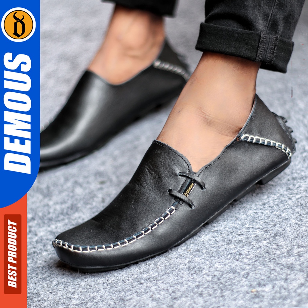 Sepatu Slip On Pria Sepatu Casual Pria Kulit Asli Kerja Kantor Kuliah Kondangan Sepatu Slop Pria Sepatu Hitam Pria DEMOUS MOCLEA