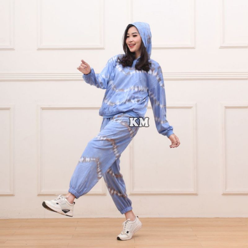 Setelan CP Sweater Hoodie Tiedye Set Celana Joger One Set Tiedye Fashion Baju Wanita Kekinian-Hoodie lurik Biru