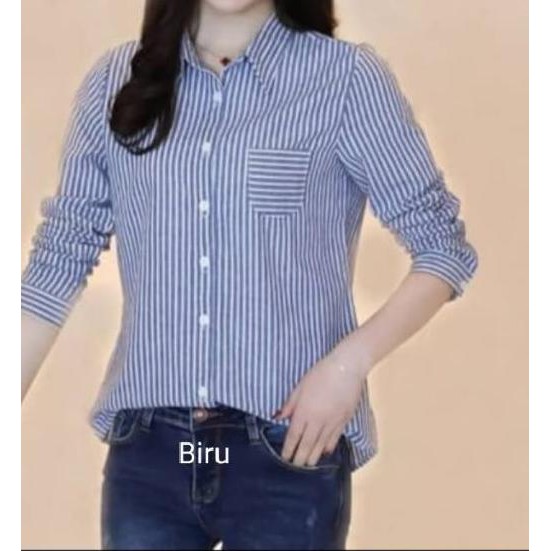 ♥ BAJU KEMEJA WANITA DEWASA HEM CEWEK CASUAL LENGAN PANJANG MOTIF GARIS MARISA STRIPE KATUN BIRU HIT