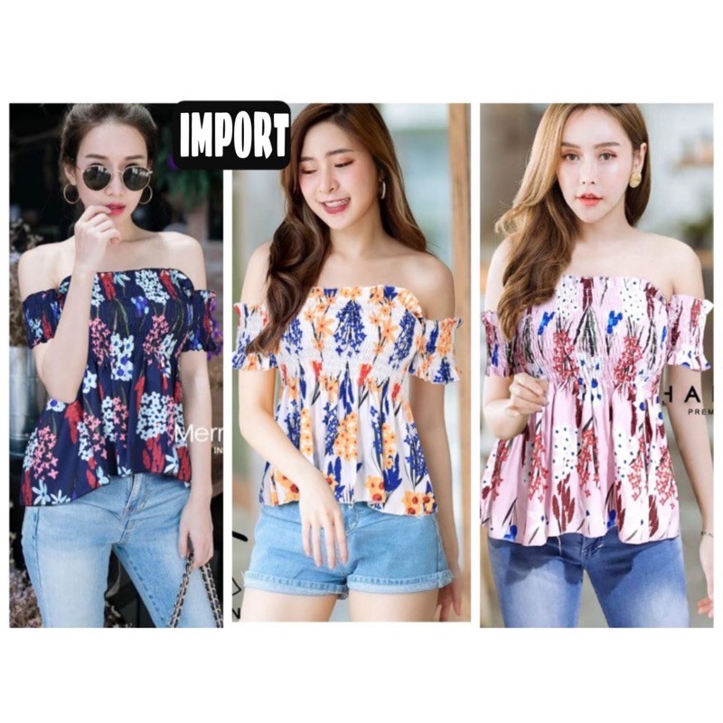 Pakaian Atasan Blouse Kerut Dada Sabrina Smoke Flower Katun Import Wanita Fashion Perempuan G80081