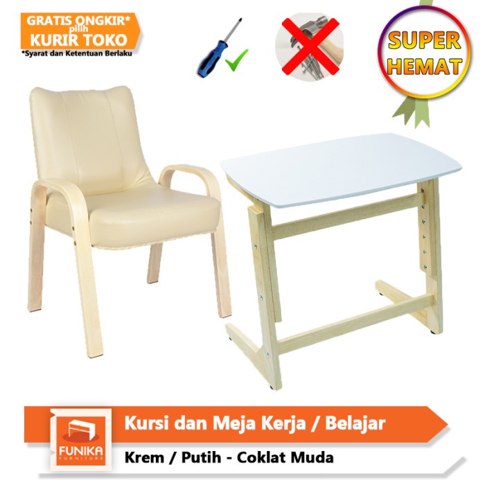 Pinaplepan Funika Super Hemat Meja Dan Kursi Belajar / Kerja / Lesehan Krem - Putih