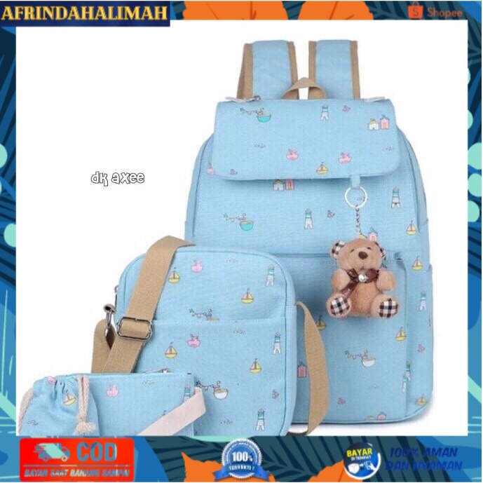 

[TERBARU] tas backpack fashion set ransel sekolah - Biru Muda