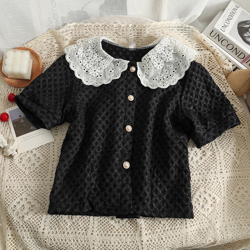 #Sisjuly# Wanita Blok Warna Berongga Boneka Kerah Single Breasted Cardigan Top Wanita Musim Panas Pe