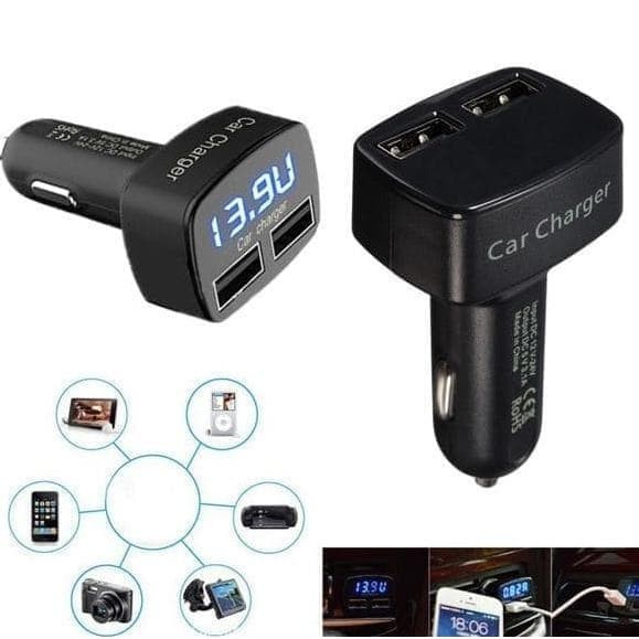 Charger Mobil 4 In 1 USB Voltmeter, Ampere Meter, Temperature Suhu Car Charger with Dual 3.1A output