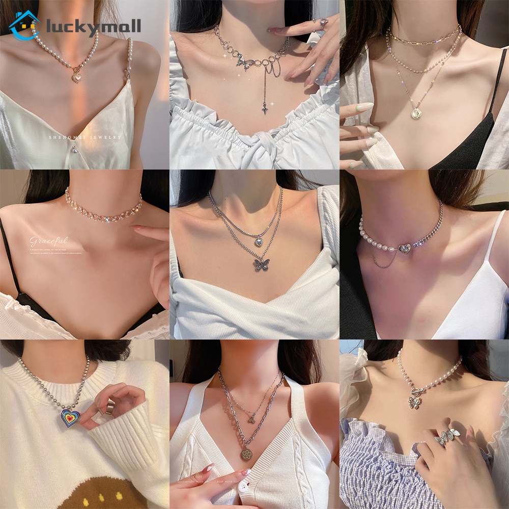 kalung Mode Kupu Mutiara kalung wanita Korea Kristal Kalung Emas Perak Wanita Perhiasan Aksesoris