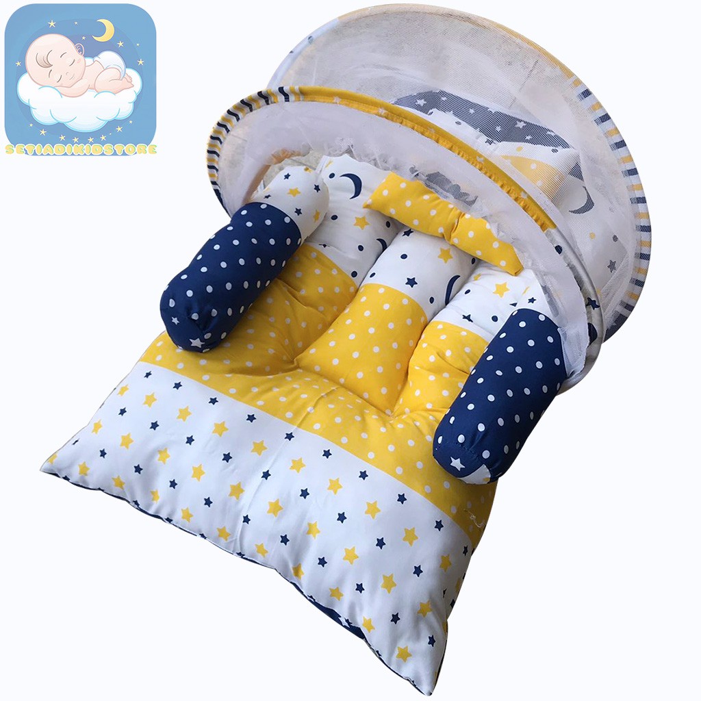 Tempat Tidur Bayi Lipat Berkelambu Motif Sunny Farm Kain Katun | Kasur Bayi Lipat | Matras Bayi-19.bintang polkadot